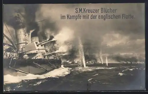 AK SM Kreuzer Blücher im Kampfe mit der englischen Flotte