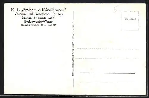 AK MS Freiherr von Münchhausen, Besitzer Friedrich Böker, Ausflugsdampfer und Ruderboot