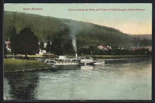 AK Hann.-Münden, Salon-Dampfer Kaiser Wilhelm am Zusammenfluss von Werra und Fulda