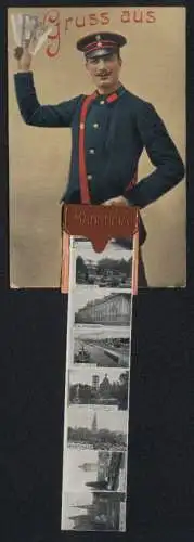 Leporello-AK Mannheim, Ansichten in der Brieftasche, Hauptbahnhof, Friedrichsbrücke, Schlossplatz