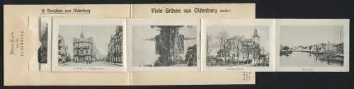 Leporello-AK Oldenburg / O., Grossherzogl. Schloss, Elisabeth Anna-Palais, Innerer Damm mit Lambertikirche, Friedensplatz