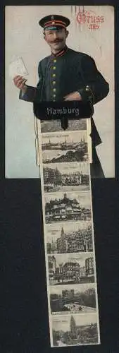 Leporello-AK Hamburg, Ansichten in der Brieftasche, Jungfernstieg, Rathaus, Hafen, Lombardsbrücke und Binnenalster