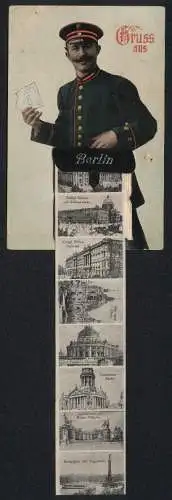 Leporello-AK Berlin, Ansichten in der Brieftasche, Pariser Platz mit Brandenburger Tor, Neues Musem und Nationalgalerie