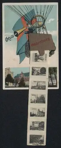 Leporello-AK Oldenburg / O., Ansichten im Ballonkorb, Elisabeth Anna-Palais, Schlossplatz, am Stau, Kirchhofslinde