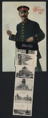 Leporello-AK Berlin, Ansichten in der Brieftasche, Neues Museum und Nationalgalerie, Reichstagsgebäude, Neuer Dom