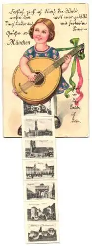 Leporello-AK München, Ansichten hinter der Laute, Frauenkirche, Hofbräu-Haus, Bavaria, Ruhmeshalle