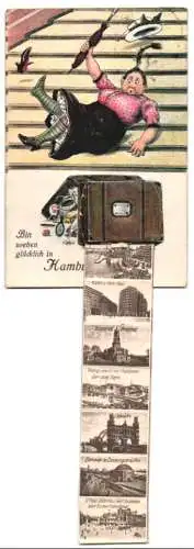 Leporello-AK Hamburg, Ansichten im Koffer, Hauptbahnhof, Rathaus, Ballin- und Chile-Haus, Bismarck-Denkmal