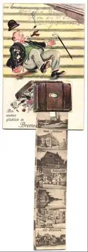 Leporello-AK Bremen, Ansichten im Koffer, Marktplatz, Freihafen, Neues Rathaus, Baumwollbörse