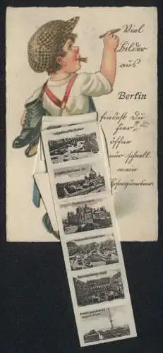 Leporello-AK Berlin, Ansichten hinterm Hosenboden des Schusterjungen, Schloss, Unter den Linden, Reichstagsgebäude