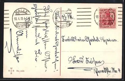 AK Ulan reitet auf dem Osterhasen, Weidenkätzchen mit Schleifenband