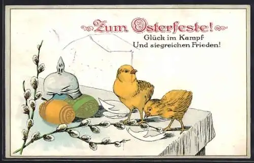 AK Kriegsostern, Osterküken vor einer Pickelhaube