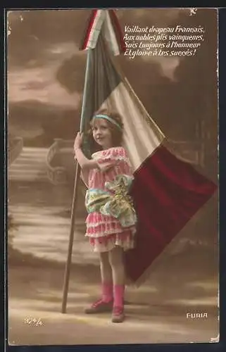 AK Mädchen mit französischer Flagge, Kinder Kriegspropaganda