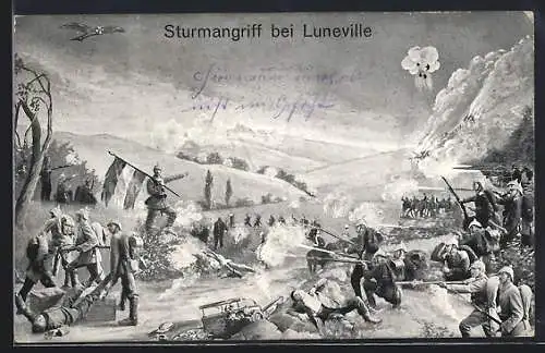 Künstler-AK Strumangriff von Soldaten bei Luneville