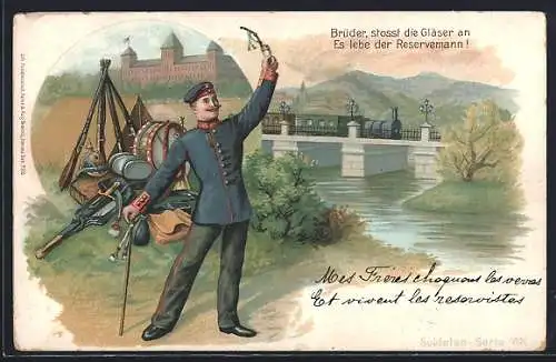 Lithographie Soldat der Reserve feiert sich, Eisenbahnbrücke und Ausrüstugsgegenstände