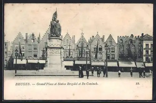 AK Bruges, Grand`Place et Statue Breydel et De Coninck