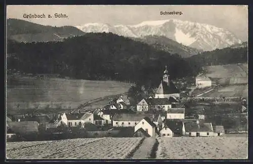 AK Grünbach, Totalansicht mit Kirche und Schneeberg