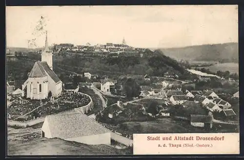 AK Drosendorf a. d. Thaya, Kirche mit Friedhof, Blick auf Altstadt