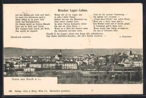 AK Bruck a. L., Totalansicht am Fluss, Gedicht Brucker Lager-Leben