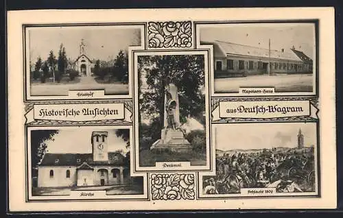 AK Deutsch-Wagram, Friedhof, Kirche, Denkmal, Napoleon-Haus, Schlacht 1809