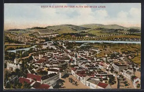 Künstler-AK Bruck a. d. Leitha, Blick mit dem alten und neuen Lager