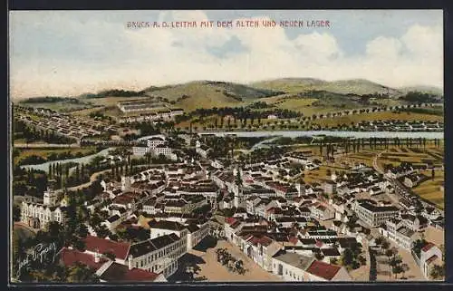 Künstler-AK Bruck a. d. Leitha, Blick mit dem alten und neuen Lager