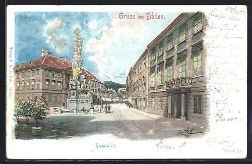 Lithographie Baden, Hauptplatz mit Denkmal