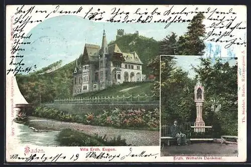 Lithographie Baden, Villa Erzh. Eugen und Erzh. Wilhelm Denkmal