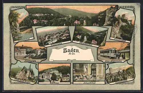 AK Baden, Josefsplatz, Villa Erzherzog Eugen, Schwefelbad, Strassenbahn, Kurhaus, Rauhenstein