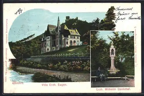 AK Baden, Villa Erzh. Eugen, Erzh. Wilhelm Denkmal