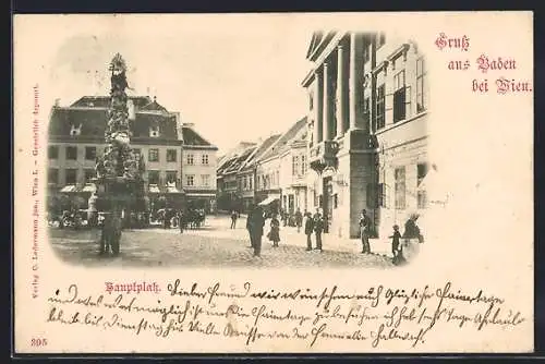 AK Baden, Hauptplatz mit Denkmal und Passanten