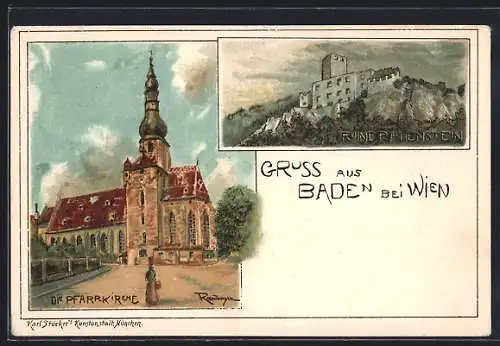 Lithographie Baden bei Wien, Die Pfarrkirche, Ruine Rauhenstein