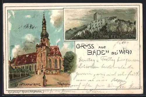 Lithographie Baden bei Wien, Die Pfarrkirche, Ruine Rauhenstein