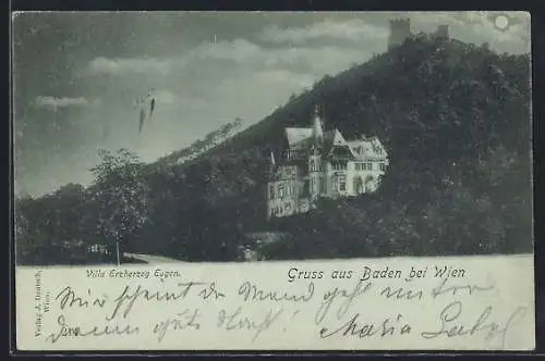 Mondschein-AK Baden bei Wien, Villa Erzherzog Eugen