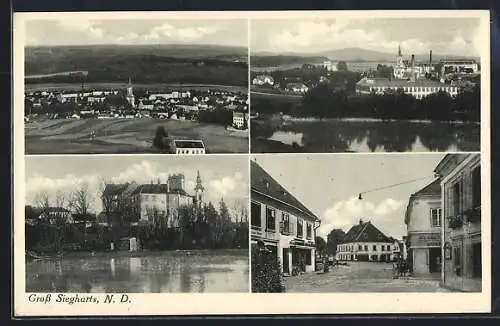 AK Gross Siegharts /N.-D., Strassenpartie mit Geschäften, Schloss, Ortspartie