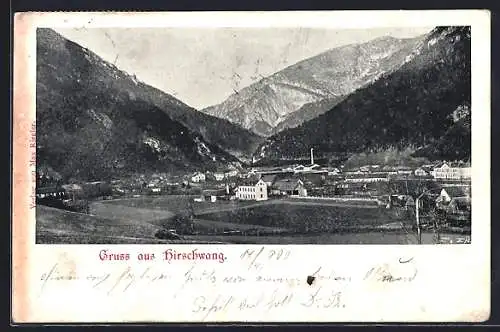 AK Hirschwang, Ortsansicht mit Bergpanorama aus der Vogelschau