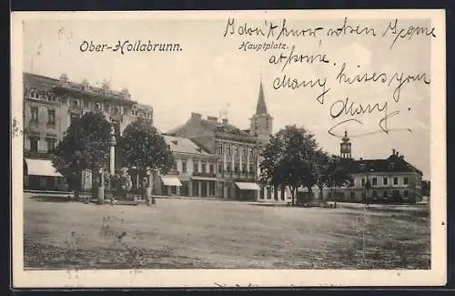 AK Oberhollabrunn, Hauptplatz mit Säulendenkmal und Kirche