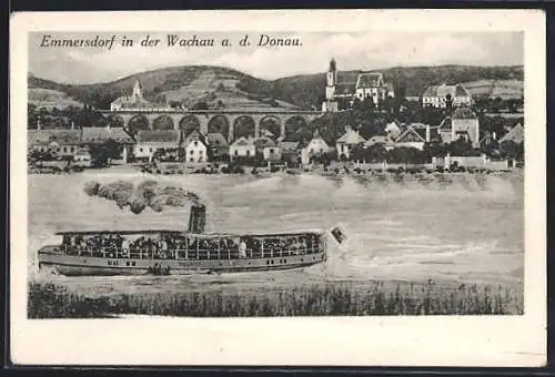 AK Emmersdorf i. d. Wachau a. d. Donau, Ortsansicht, Dampfer