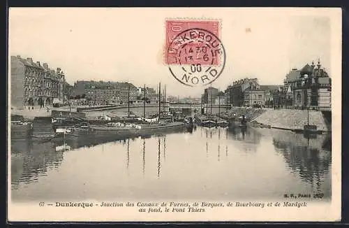 AK Dunkerque, Jonction des canaux de Furnes, Bergues, Bourbourg et Mardyck, au fond le pont Thiers