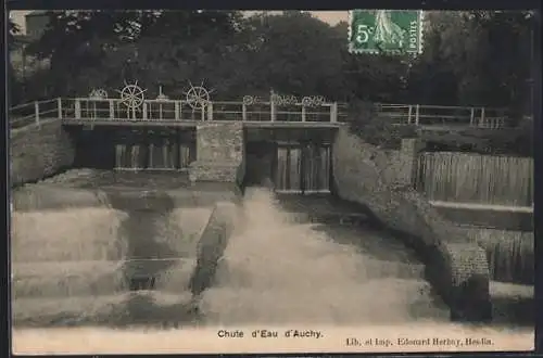 AK Auchy, Chute d`eau et roue à aubes sur la rivière