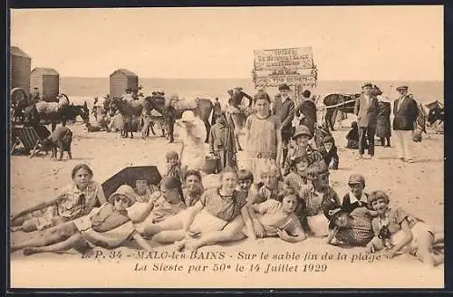 AK Malo-les-Bains, Sur le sable fin de la plage, La Sieste par 50°, le 14 Juillet 1929