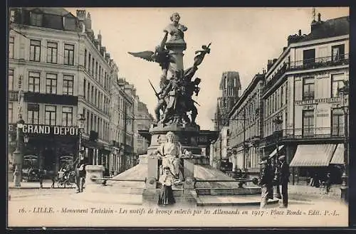 AK Lille, Monument Testelin, Les motifs de bronze enlevés par les Allemands en 1917, Place Ronde