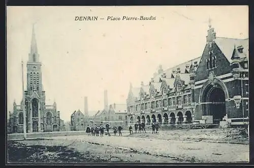 AK Denain, Place Pierre-Baudin avec vue sur l`église et bâtiments historiques