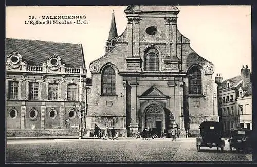 AK Valenciennes, L`Église St Nicolas avec voitures anciennes