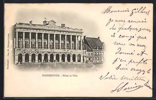 AK Hazebrouck, Hôtel de Ville et message manuscrit sur la facade