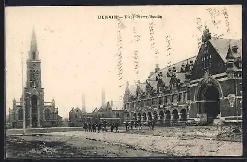 AK Denain, Place Pierre-Baudin avec bâtiments et église