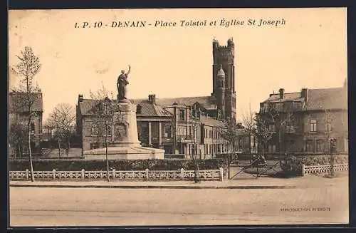 AK Denain, Place Tolstoï et Église St Joseph