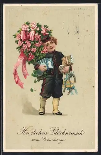 Lithographie Kleiner Page mit Paketen, Blumenstrauss und Hufeisen, Geburtstagsgruss
