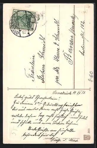 Lithographie Kleiner Page mit Paketen, Blumenstrauss und Hufeisen, Geburtstagsgruss