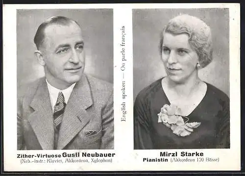 AK Zither-Virtuose Gustl Neubauer und Pianistin Mirzl Starke, Portraits, Salzburger Trachtenkapelle