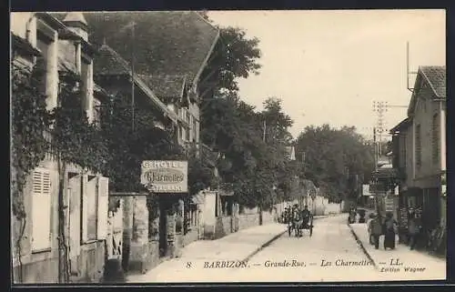 AK Barbizon, Grande-Rue, Les Charmettes, scène de rue avec charrette et bâtiments historiques